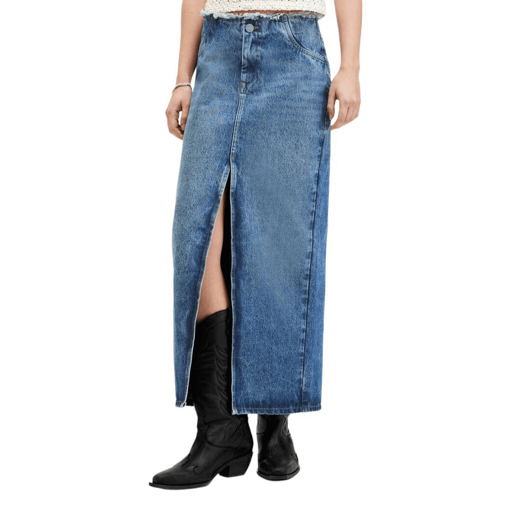 AllSaints Cyra Frayed Waistband Maxi Demin Skirt